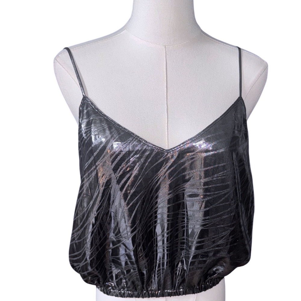 Reset by Jane Shiny Metallic Cropped Camisole Top Silver Black Womens Large NEW